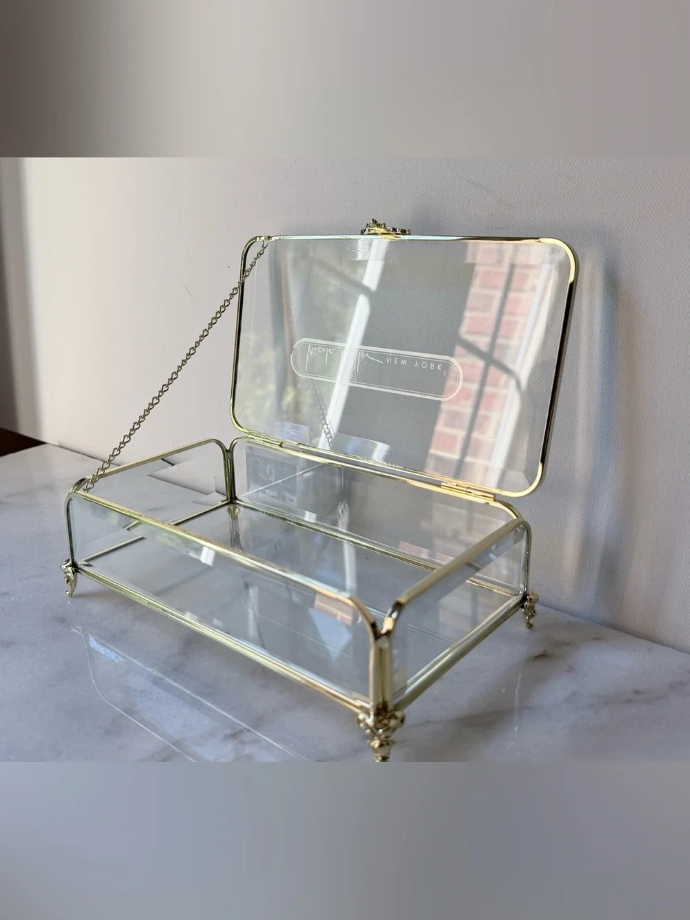 Glass Jewelry Display Box with Gold Frame vintage style